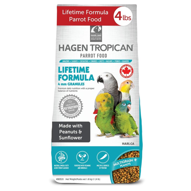 Hari Hagen Tropican Lifetime Formula Parrot Food, 4 lb Parrot Food with Peanuts & Sunflower Seeds and Balance Nutrition Levels - Image 1